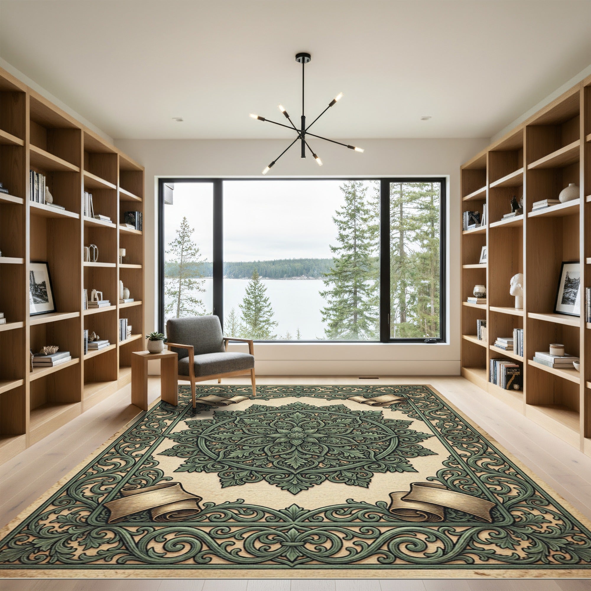 Ornate Sage Green Floral Medallion Scroll Rug