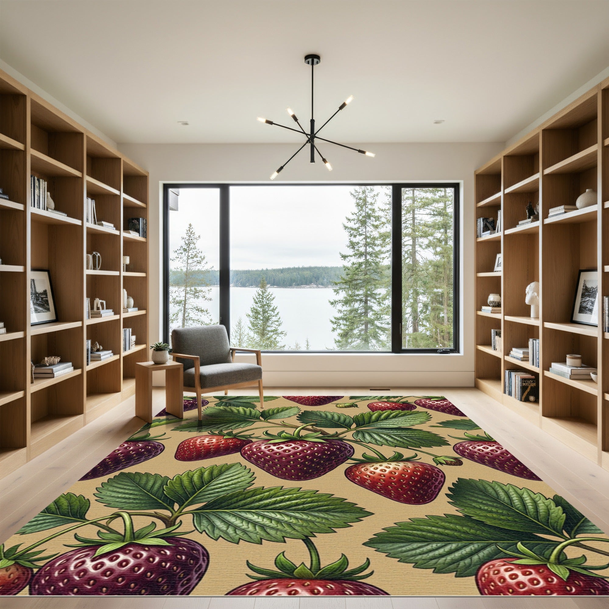 Botanical Strawberry Illustration on Tan Background Rug