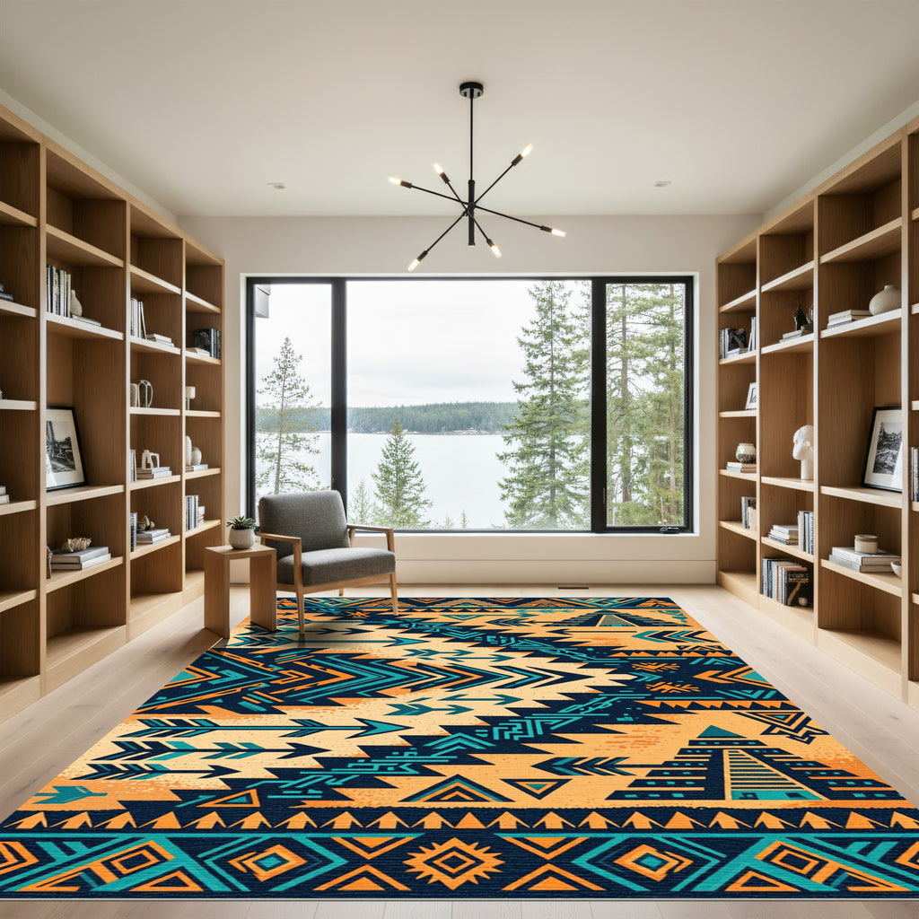 Southwestern Teal and Ochre Geometric Arrow Rug