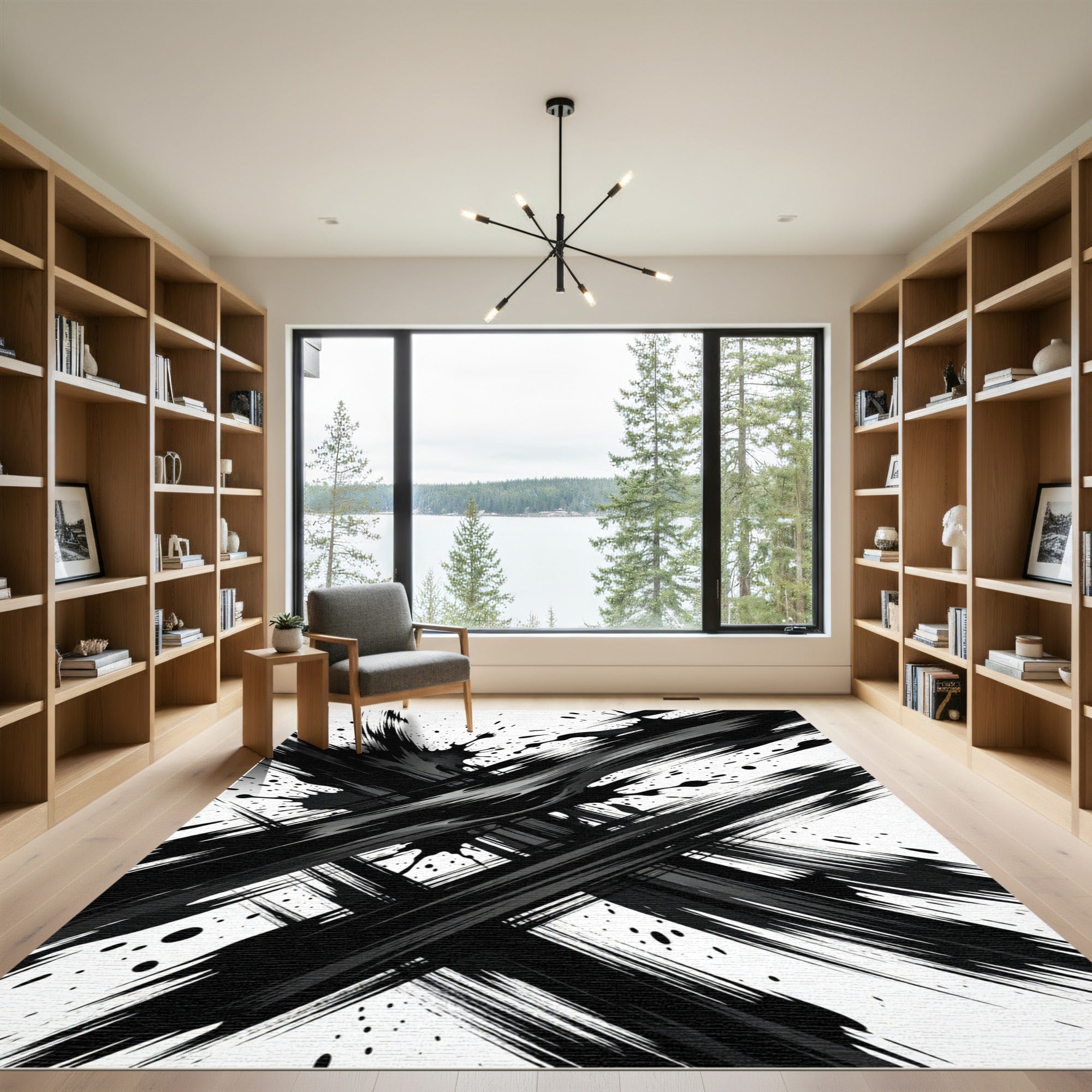 Monochromatic Abstract Black Ink Brush Stroke Rug