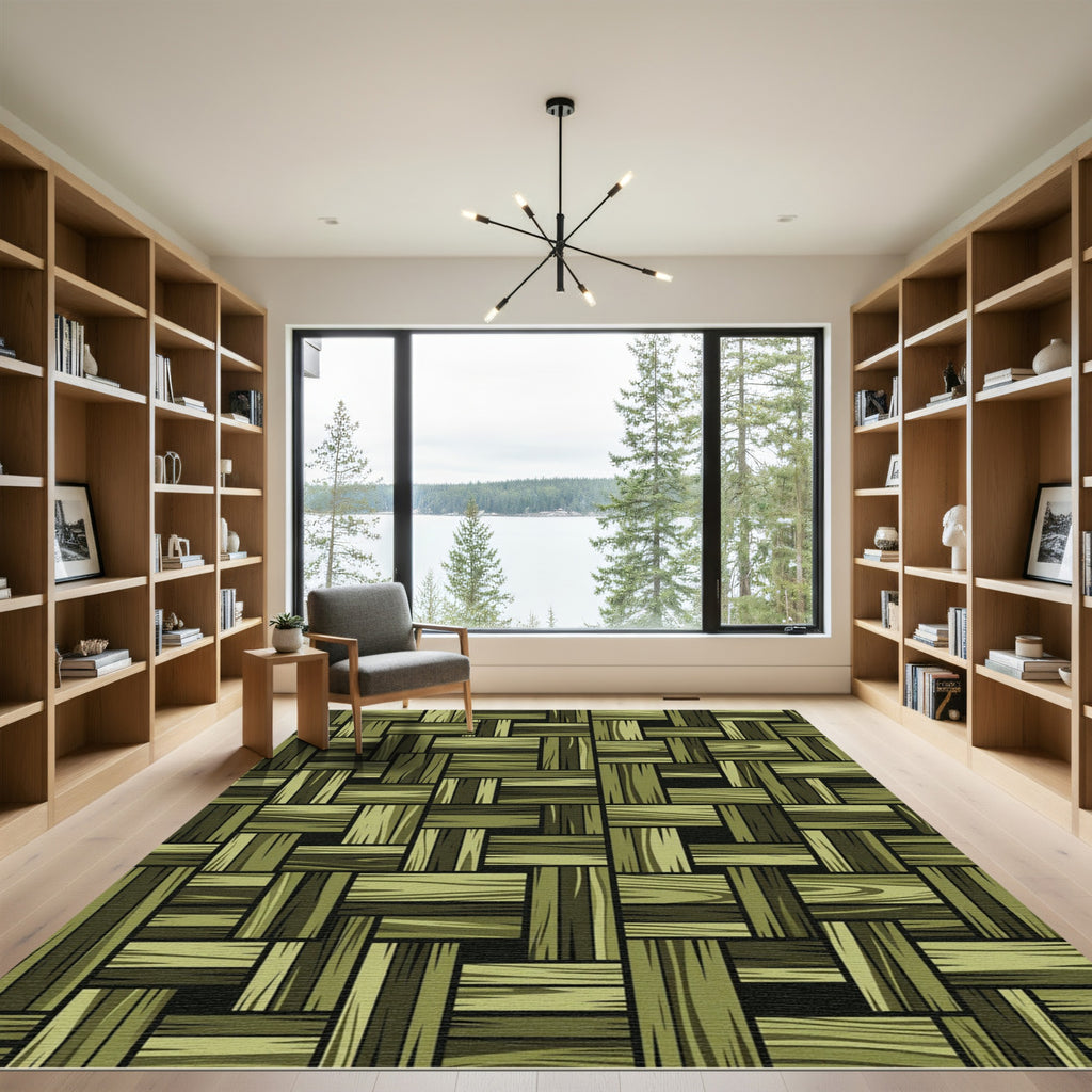 Olive Green Woven Wood Block Grid Rug