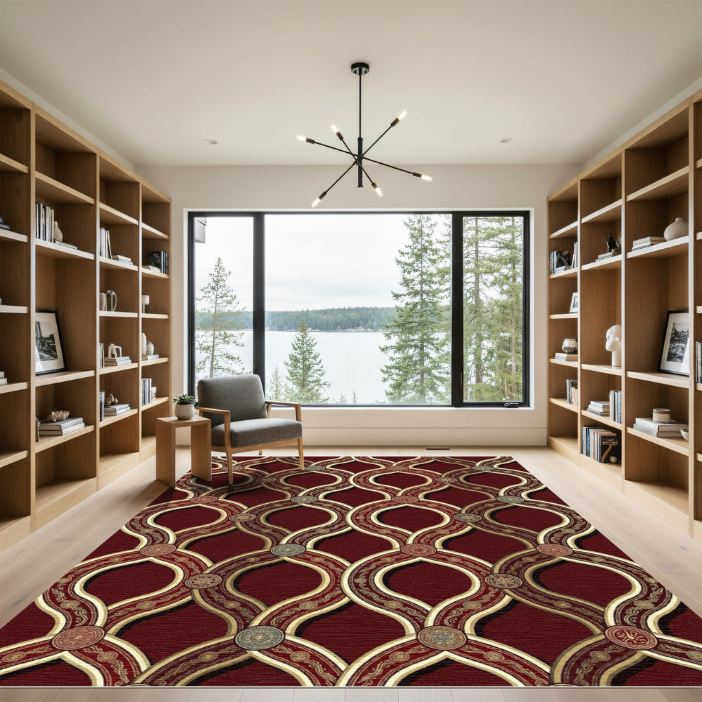 Ornate Burgundy and Gold Interlocking Medallions Rug