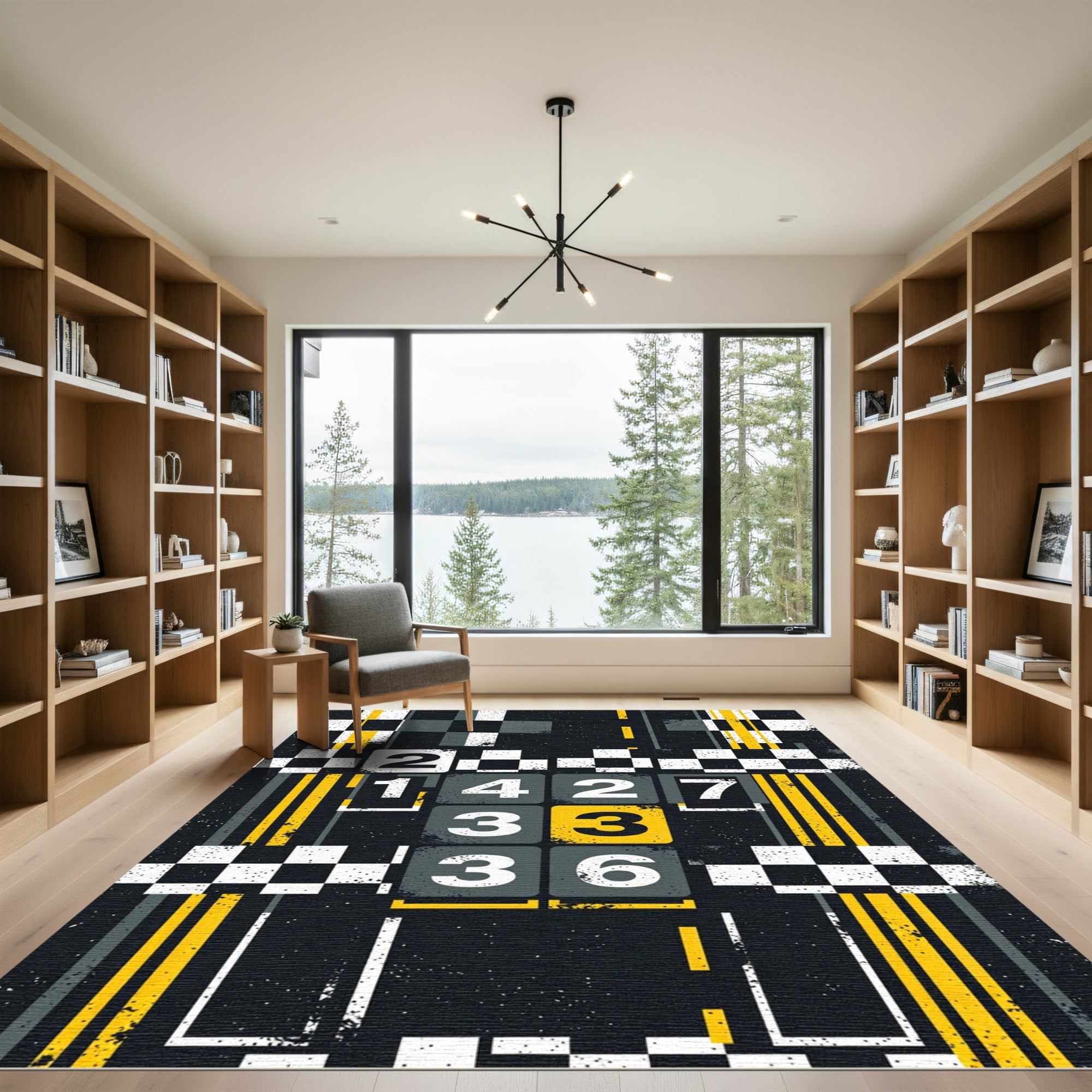 Modern Industrial Yellow Black Checkerboard Grid Rug
