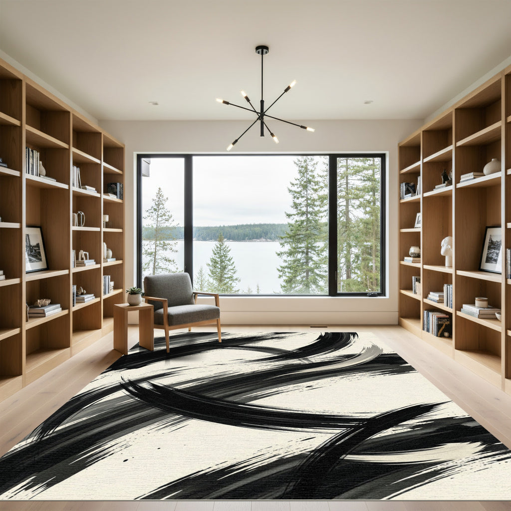 Modern Black and White Abstract Brushstroke Rug
