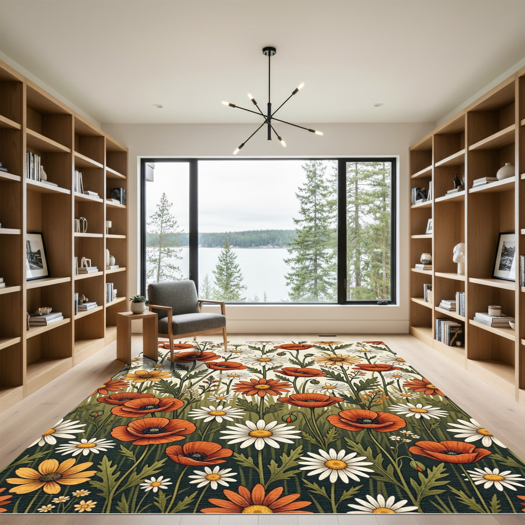 Vibrant Orange Poppy and Daisy Meadow Rug