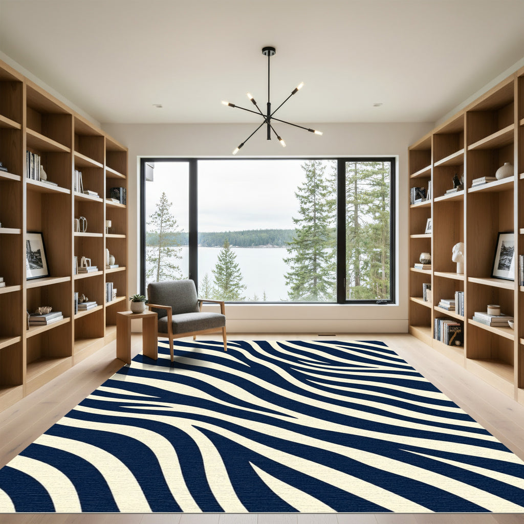 Midnight Navy Zebra Animal Stripe Rug