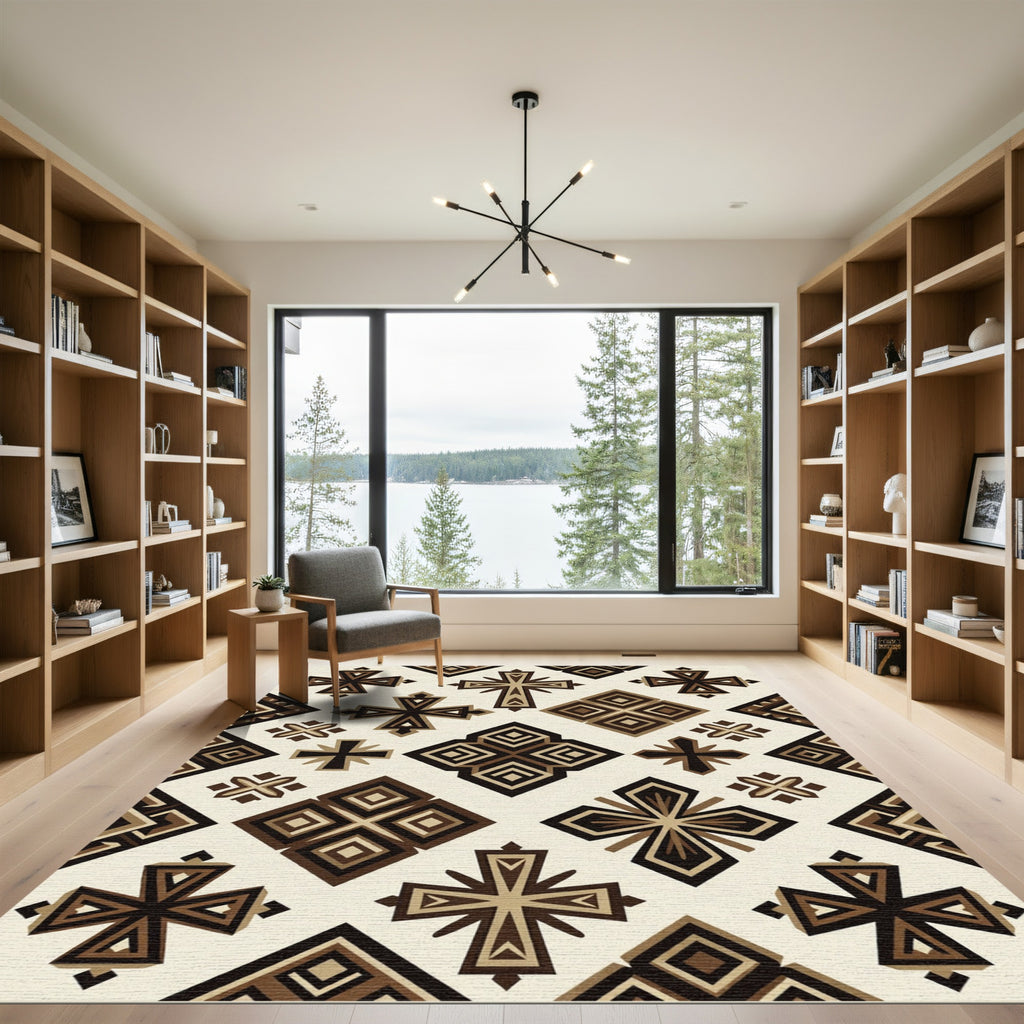 Geometric Brown Crosses and Diamond Blocks Rug