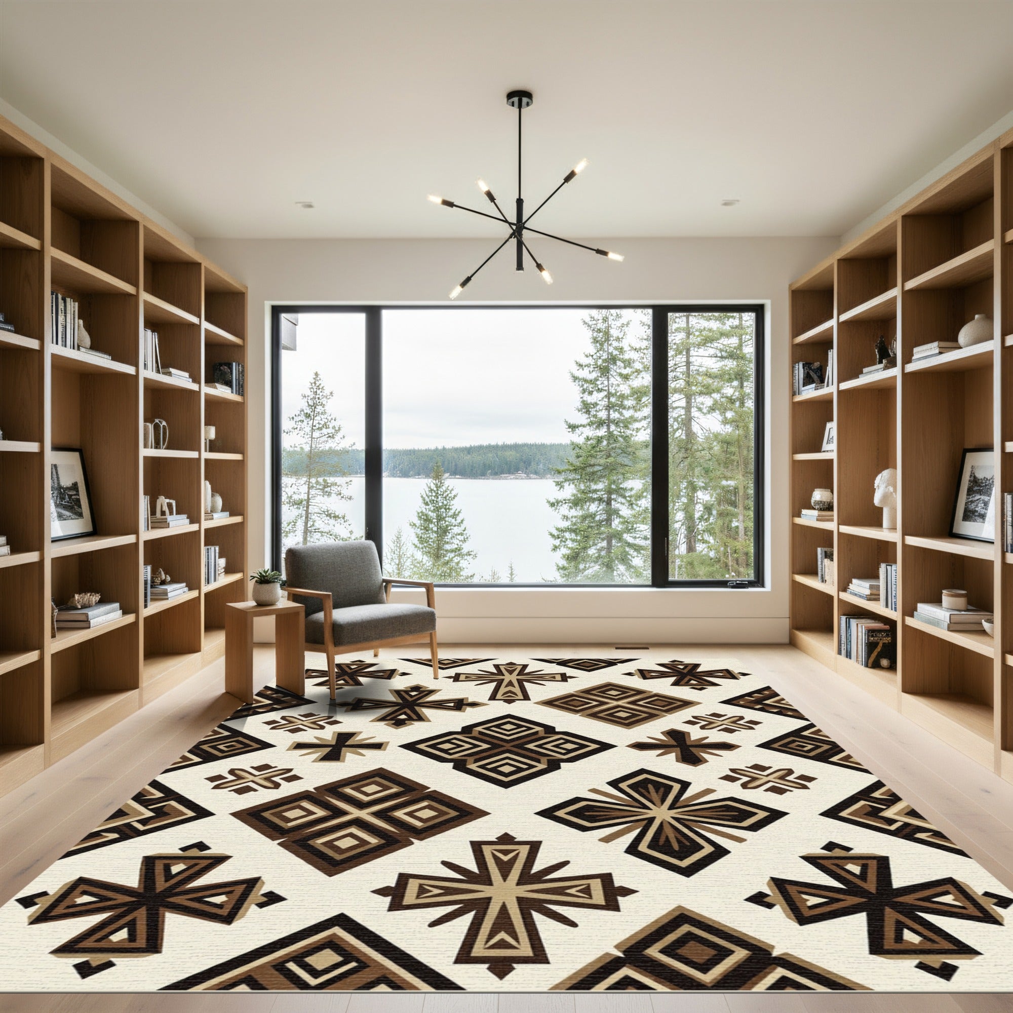 Geometric Brown Crosses and Diamond Blocks Rug