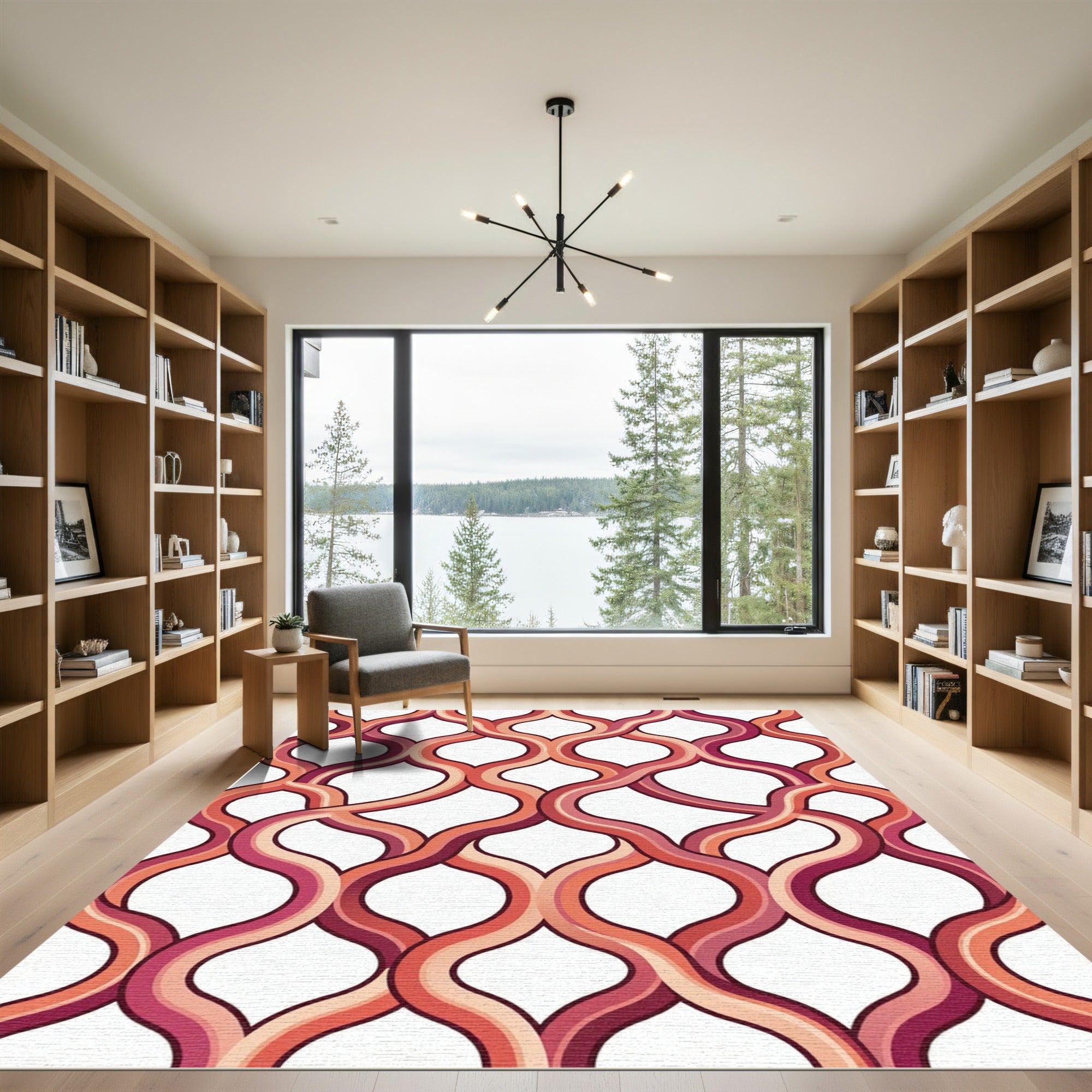 Interlocking Terracotta Wavy Geometric Curves Rug