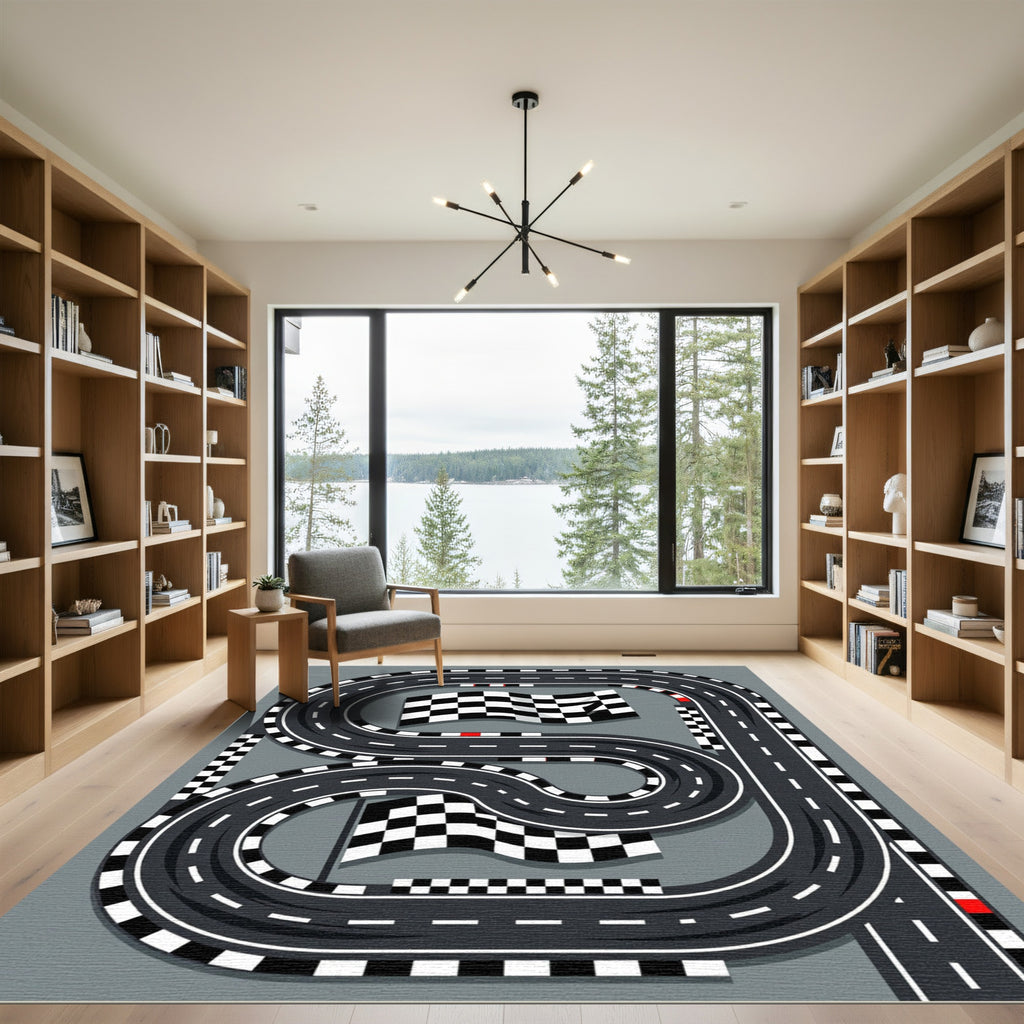 Monochrome Checkered Racing Track Circuit Rug
