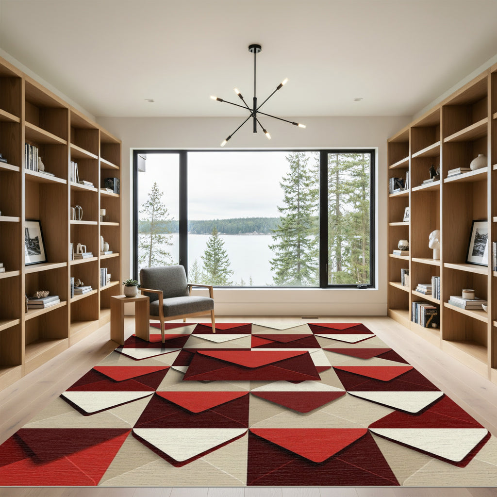 Geometric Scarlet Envelope Grid Rug