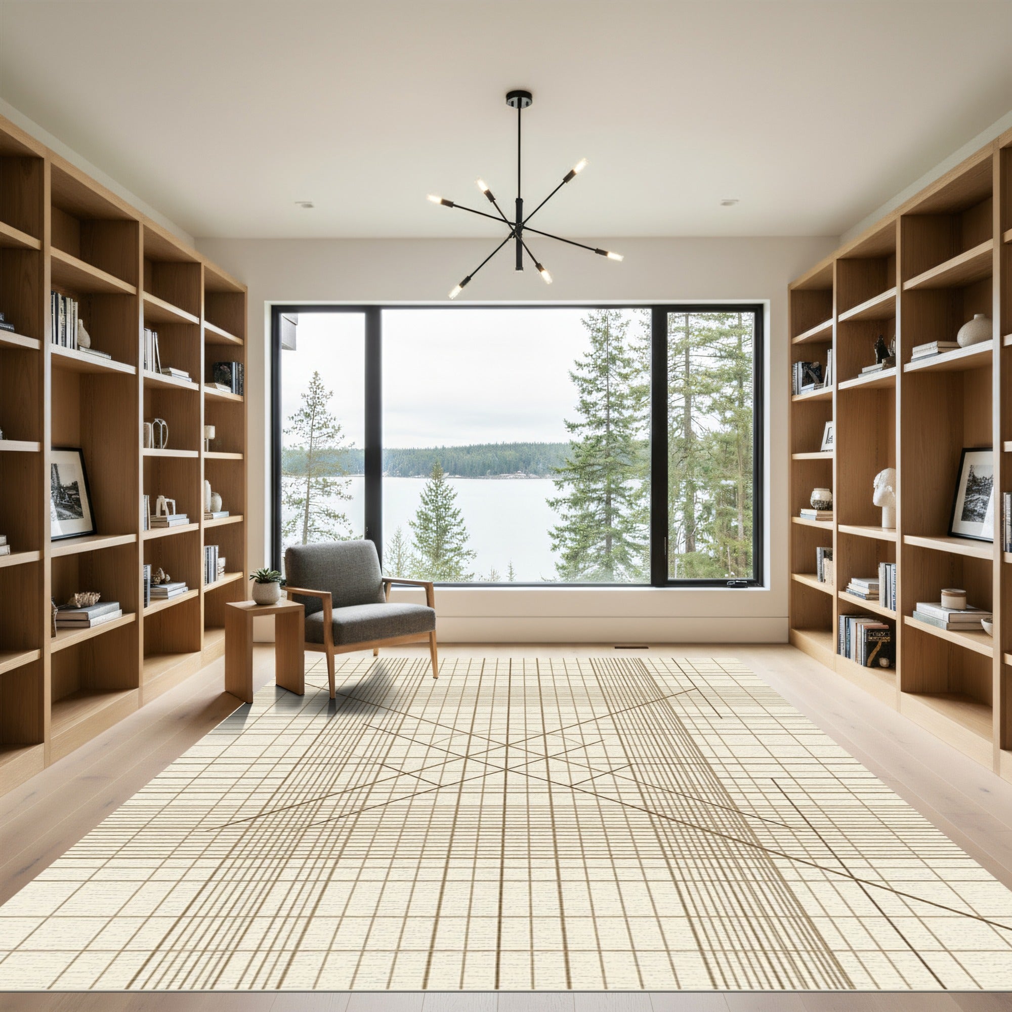 Minimalist Beige Linear Geometric Grid Rug