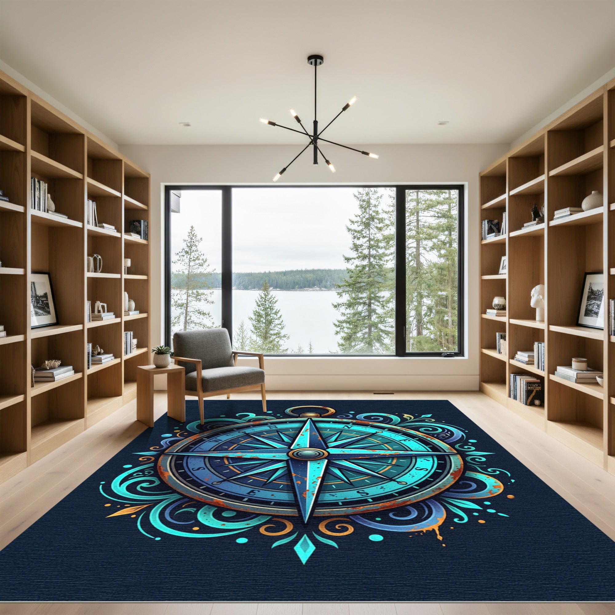 Nautical Blue Compass Rose Swirl Rug