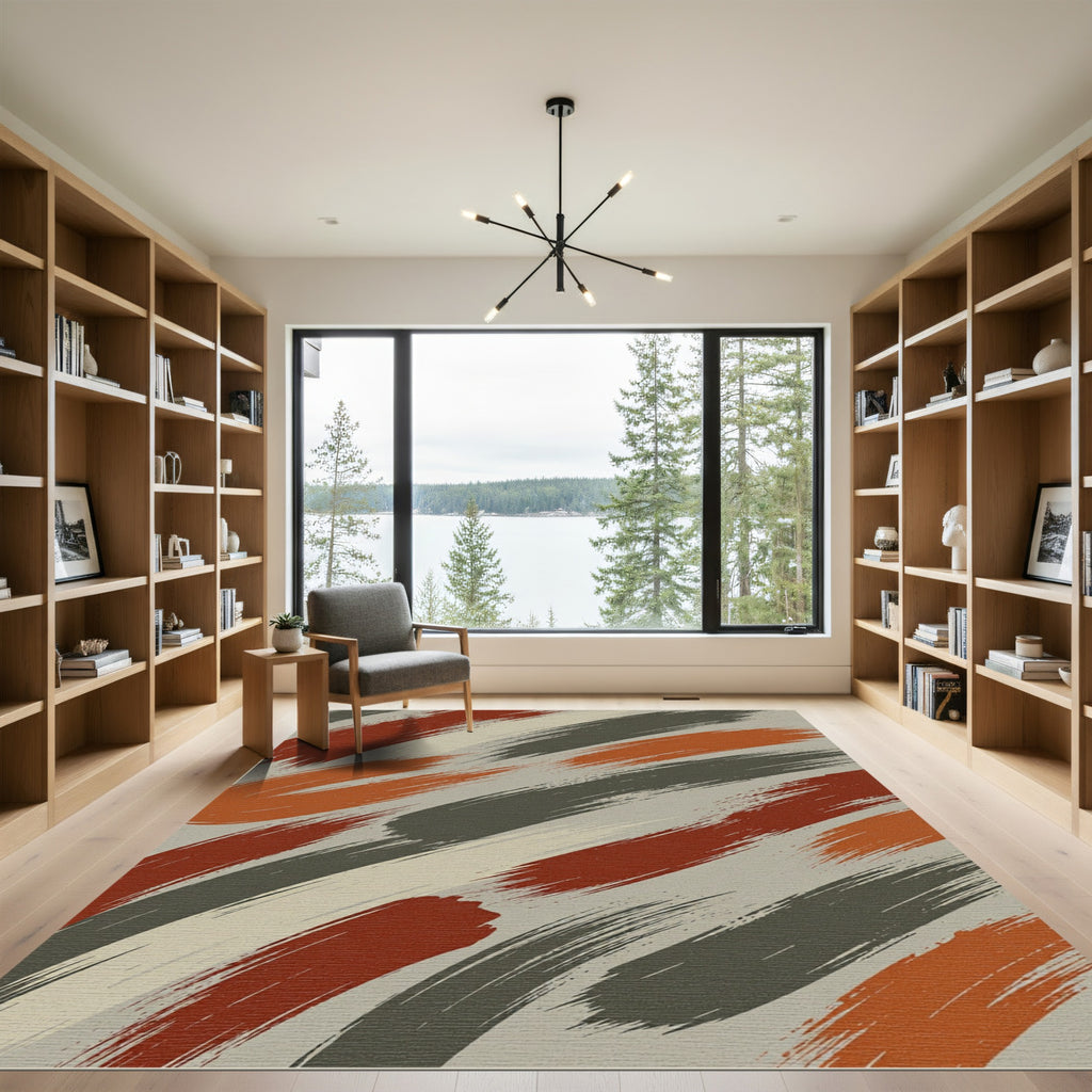 Earthy Abstract Burnt Orange Charcoal Brushstrokes Rug