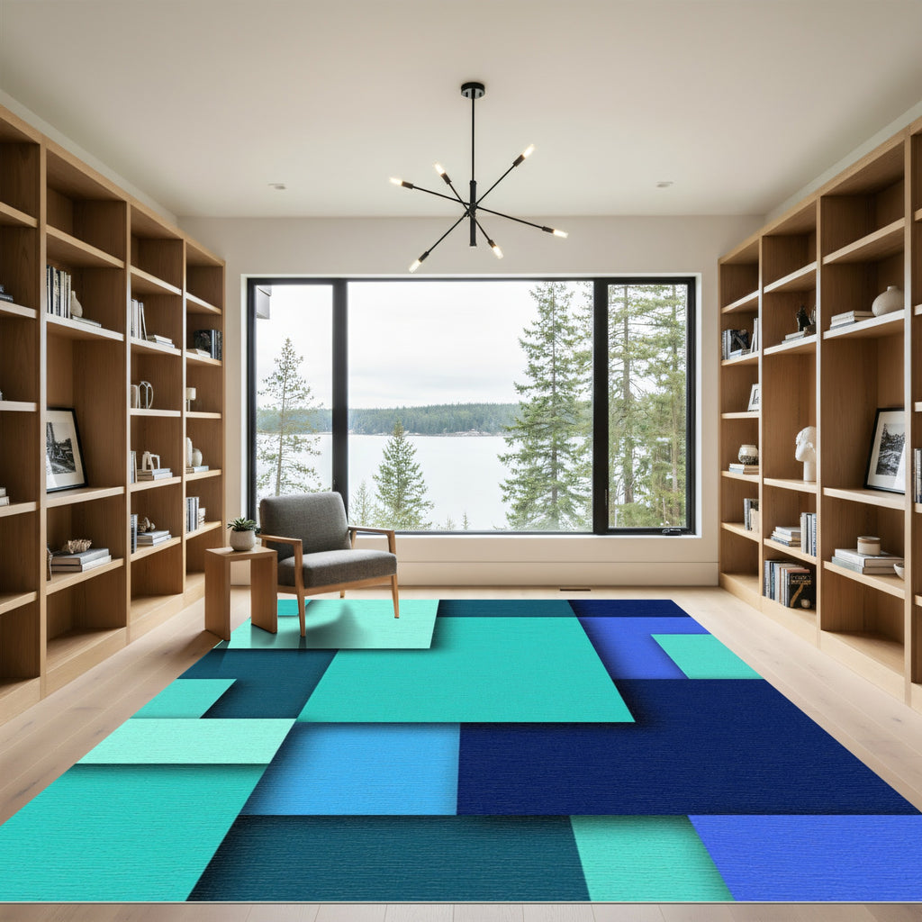 Modern Minimalist Teal Blue Geometric Composition Rug