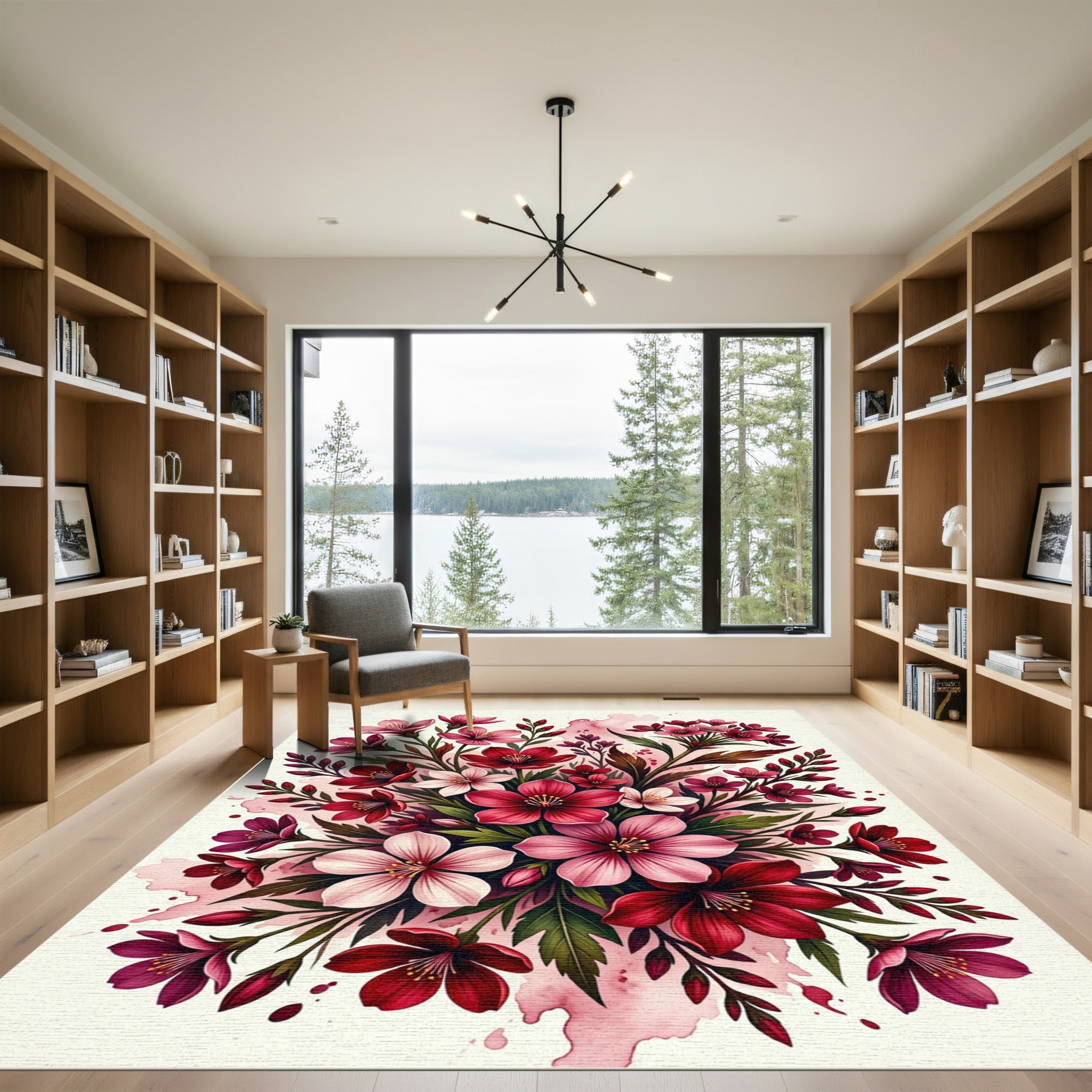 Crimson Pink Floral Watercolor Splash Rug