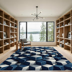 Modern Navy Indigo Isometric Cube Geometric Rug