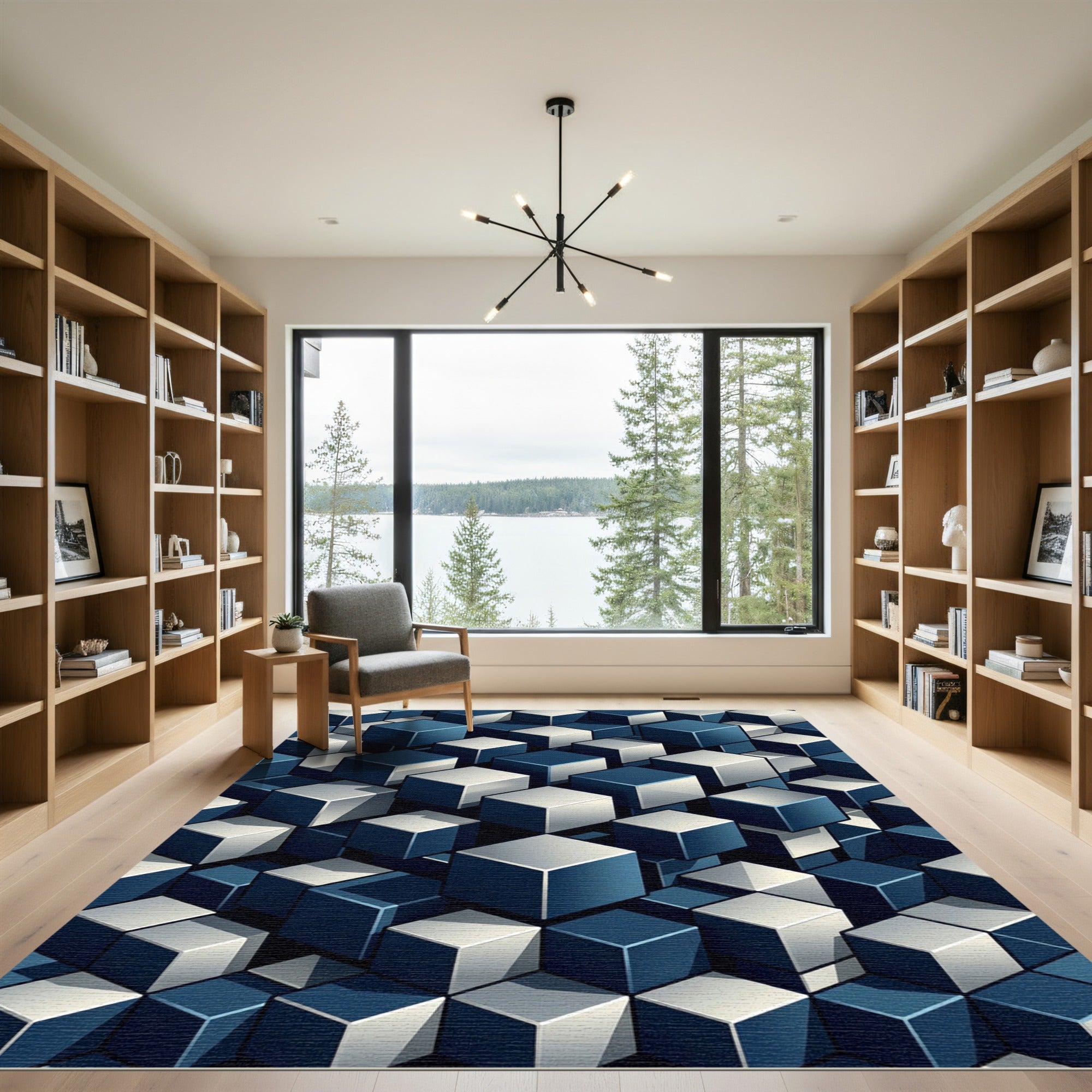 Modern Navy Indigo Isometric Cube Geometric Rug