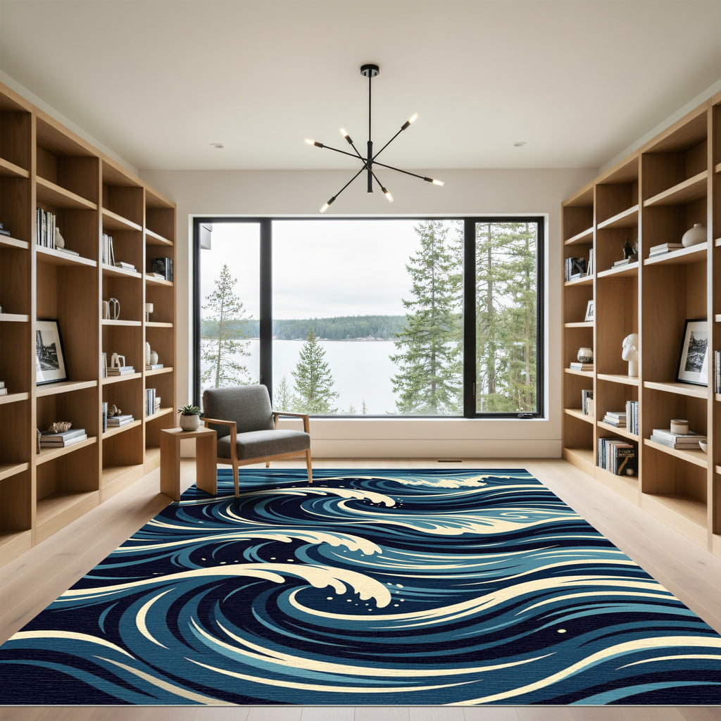 Deep Blue Oceanic Wave Cascade Rug