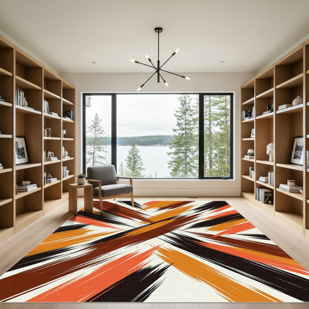 Abstract Burnt Orange Black Brushstroke Rug