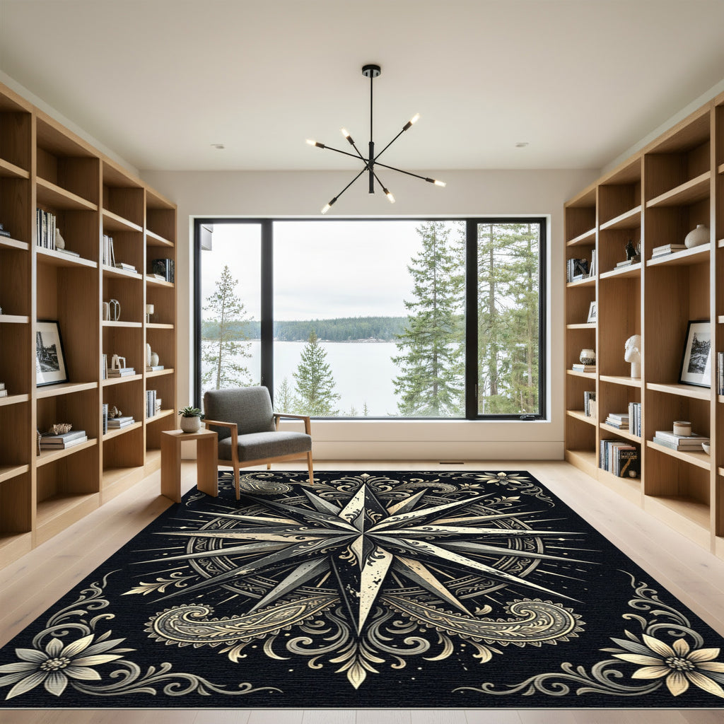 Monochrome Victorian Compass Floral Medallion Rug