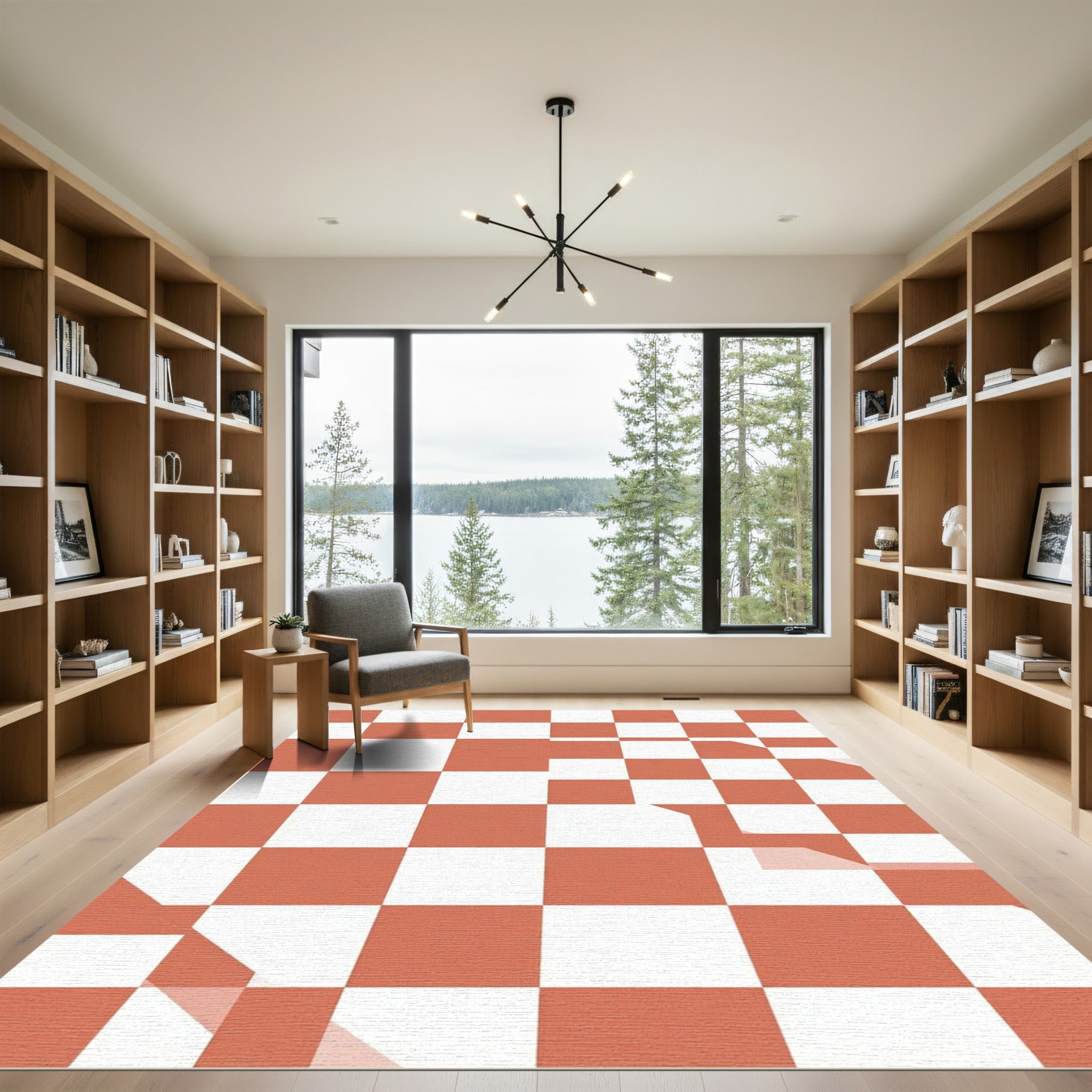 Modern Dusty Rose Checkered Grid Rug