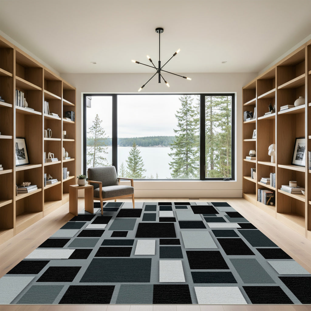 Modern Monochromatic Abstract Block Grid Rug