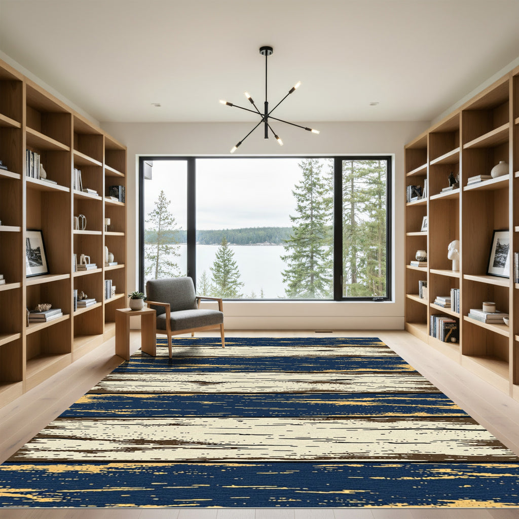 Distressed Navy and Cream Horizontal Plank Rug