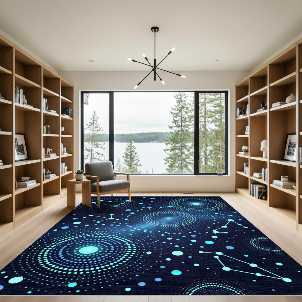 Celestial Blue Starry Night Swirls Rug