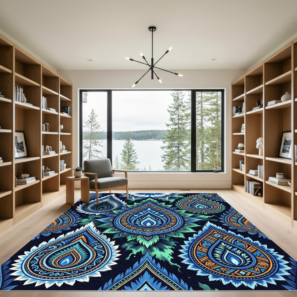 Vibrant Blue Emerald Paisley Burst Rug