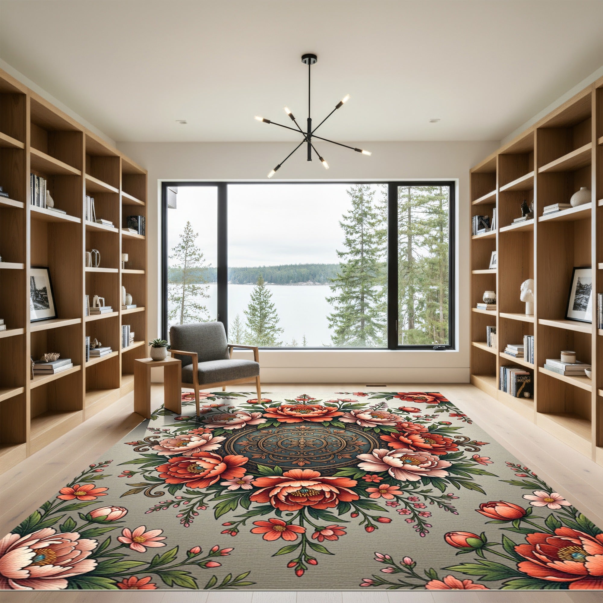 Ornate Floral Medallion with Coral Peonies Rug