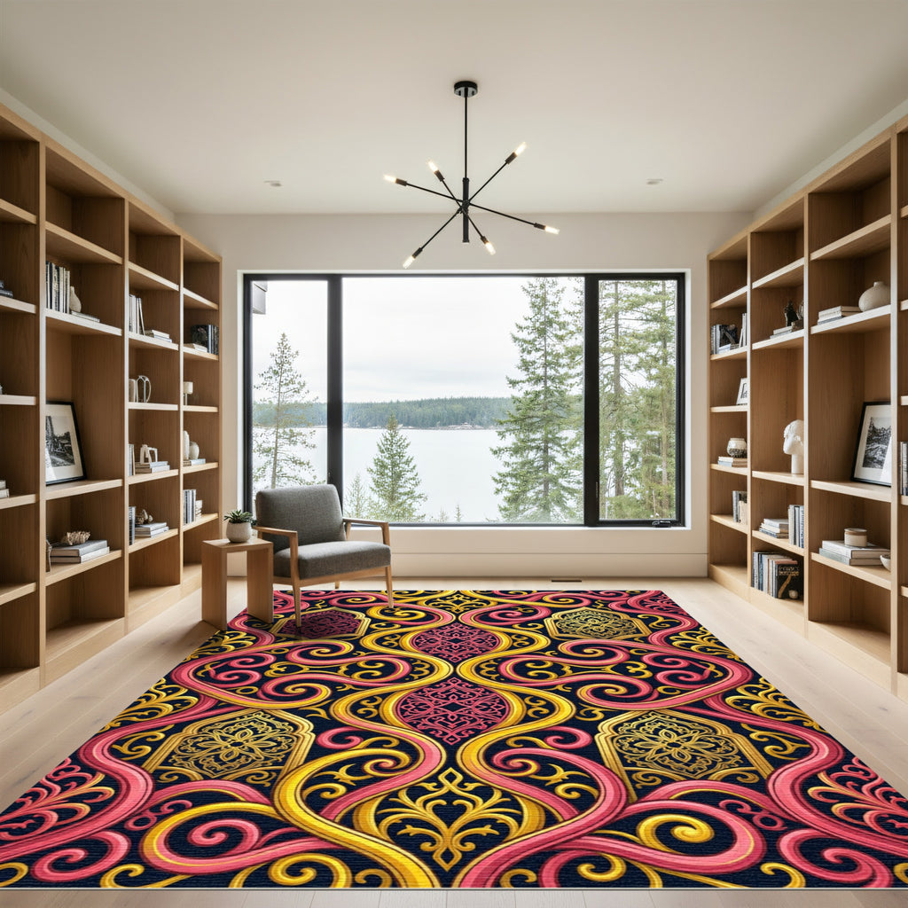 Ornate Pink and Gold Swirl Scroll Rug