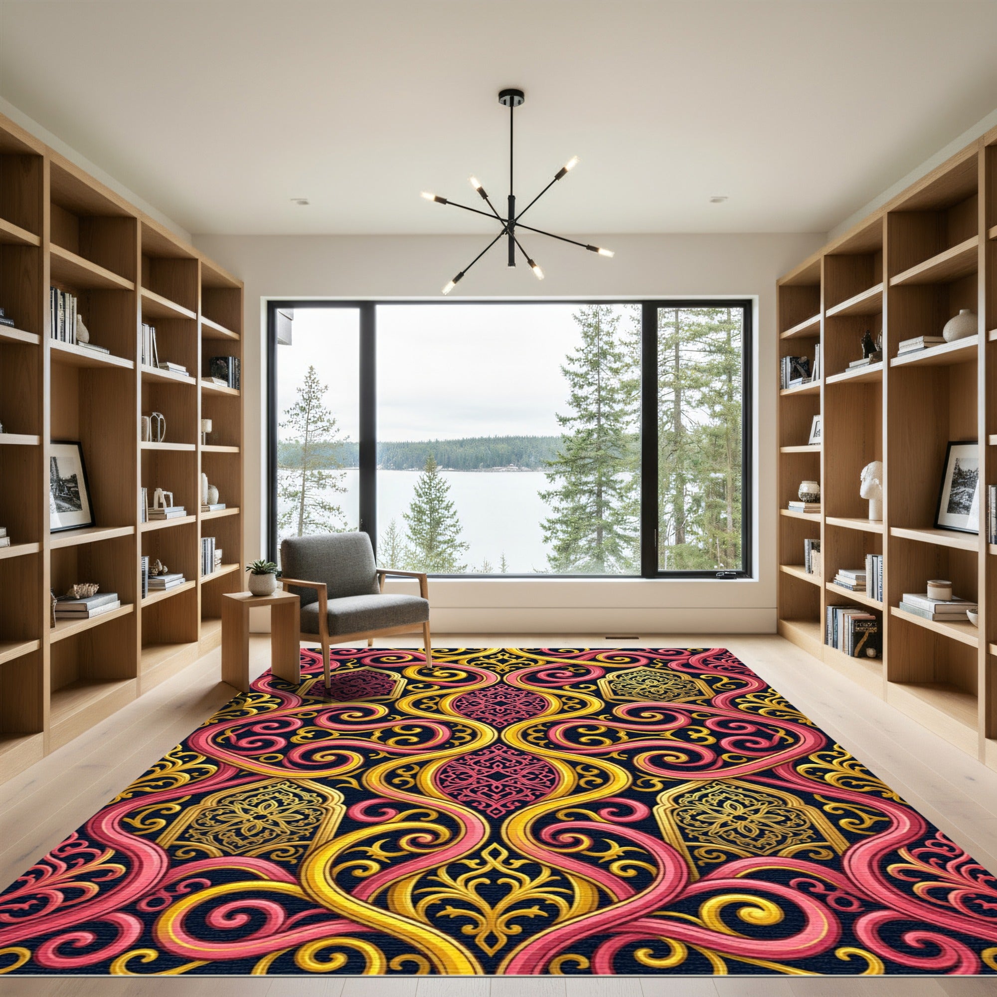 Ornate Pink and Gold Swirl Scroll Rug