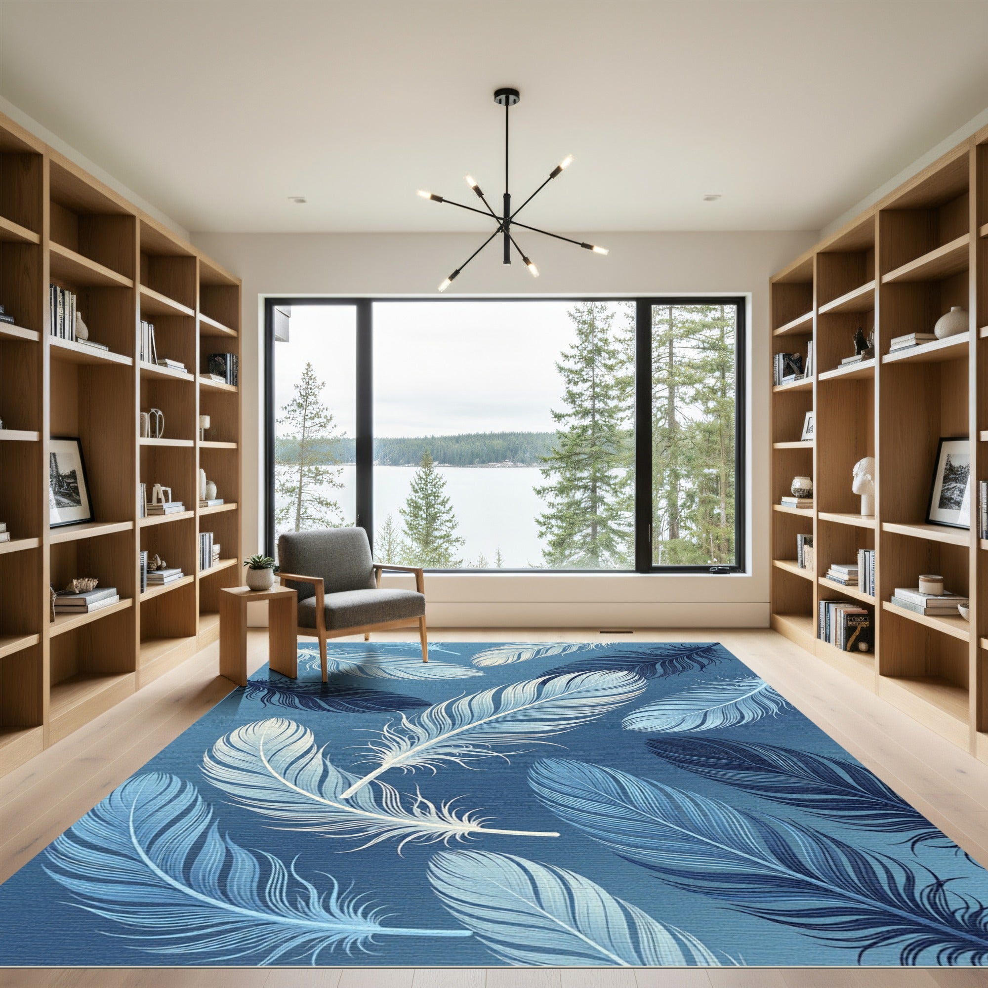 Ethereal Blue Floating Feather Arrangement Rug