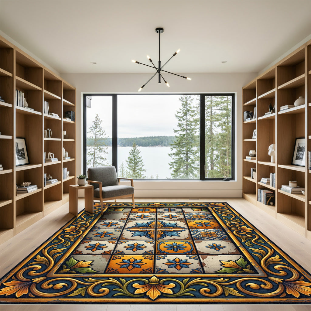 Golden Blue Floral Talavera Tile Rug