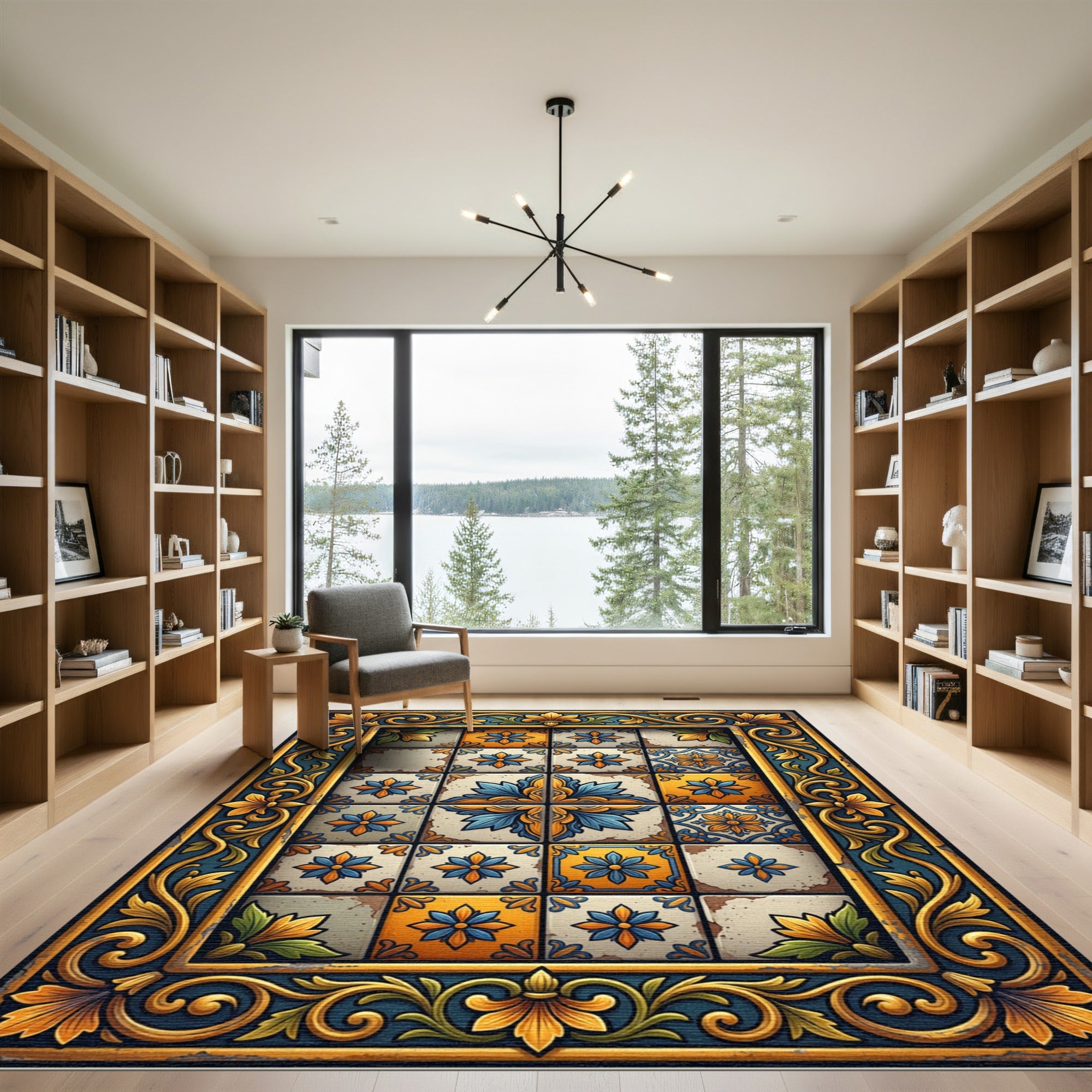 Golden Blue Floral Talavera Tile Rug