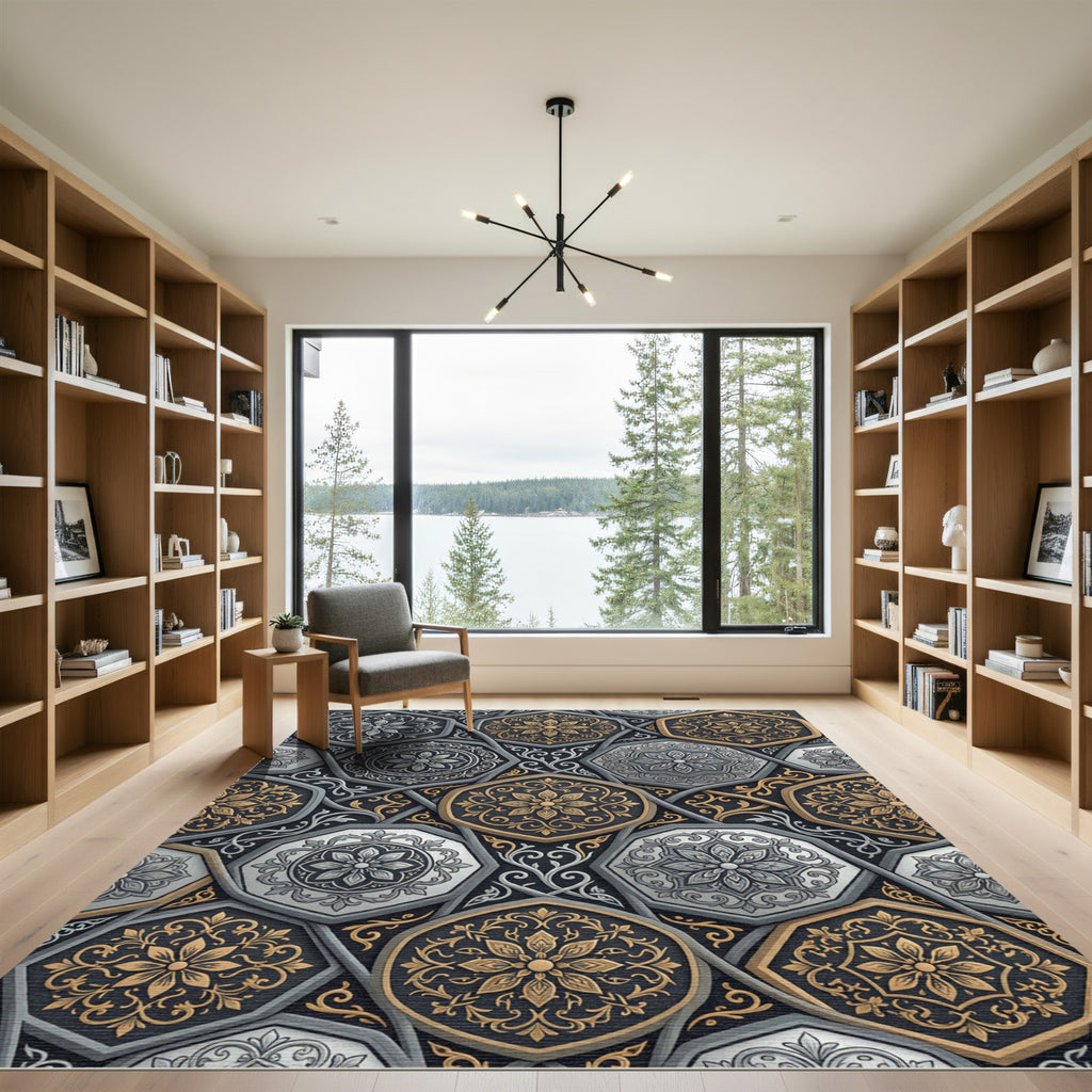 Elaborate Hexagonal Floral Medallion Rug