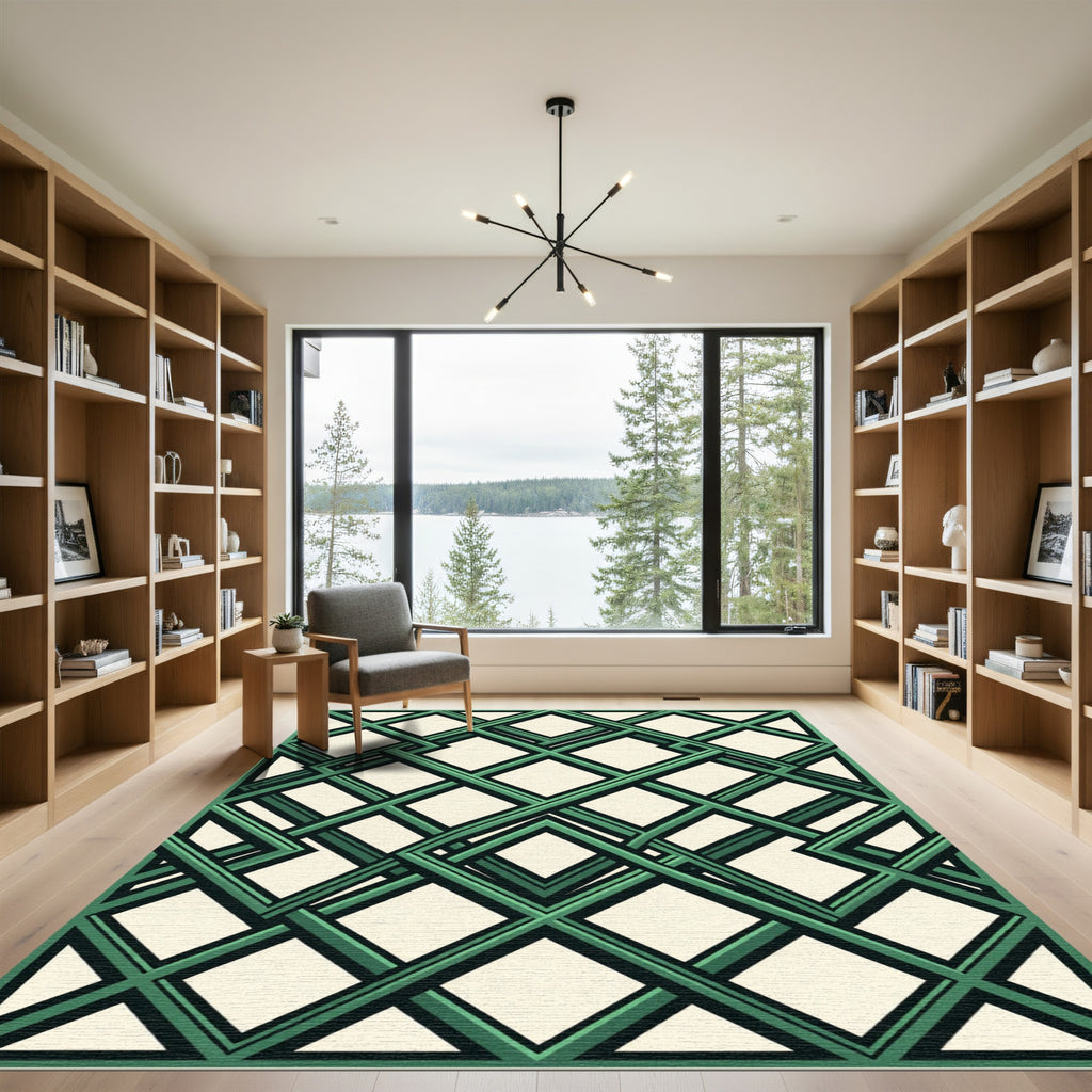 Emerald Interlocking Geometric Lattice Rug