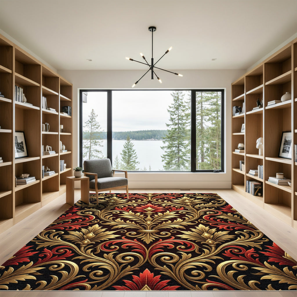 Ornate Gold and Crimson Damask Flourish Rug