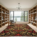 Ornate Gold and Crimson Damask Flourish Rug