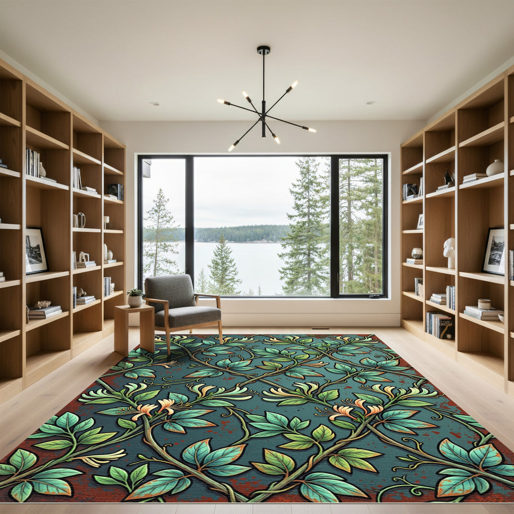 Vintage Honeysuckle Vine Teal Scroll Rug