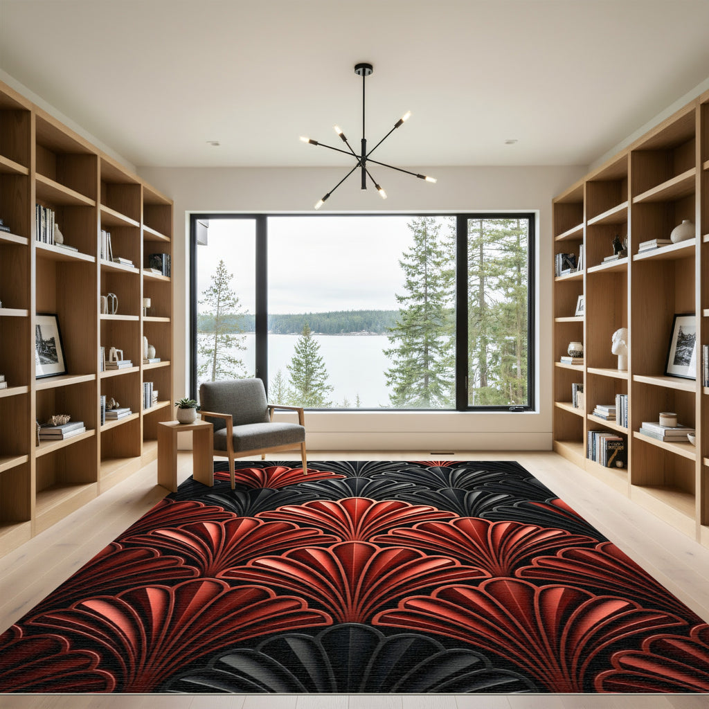 Art Deco Coral Black Fan Rug
