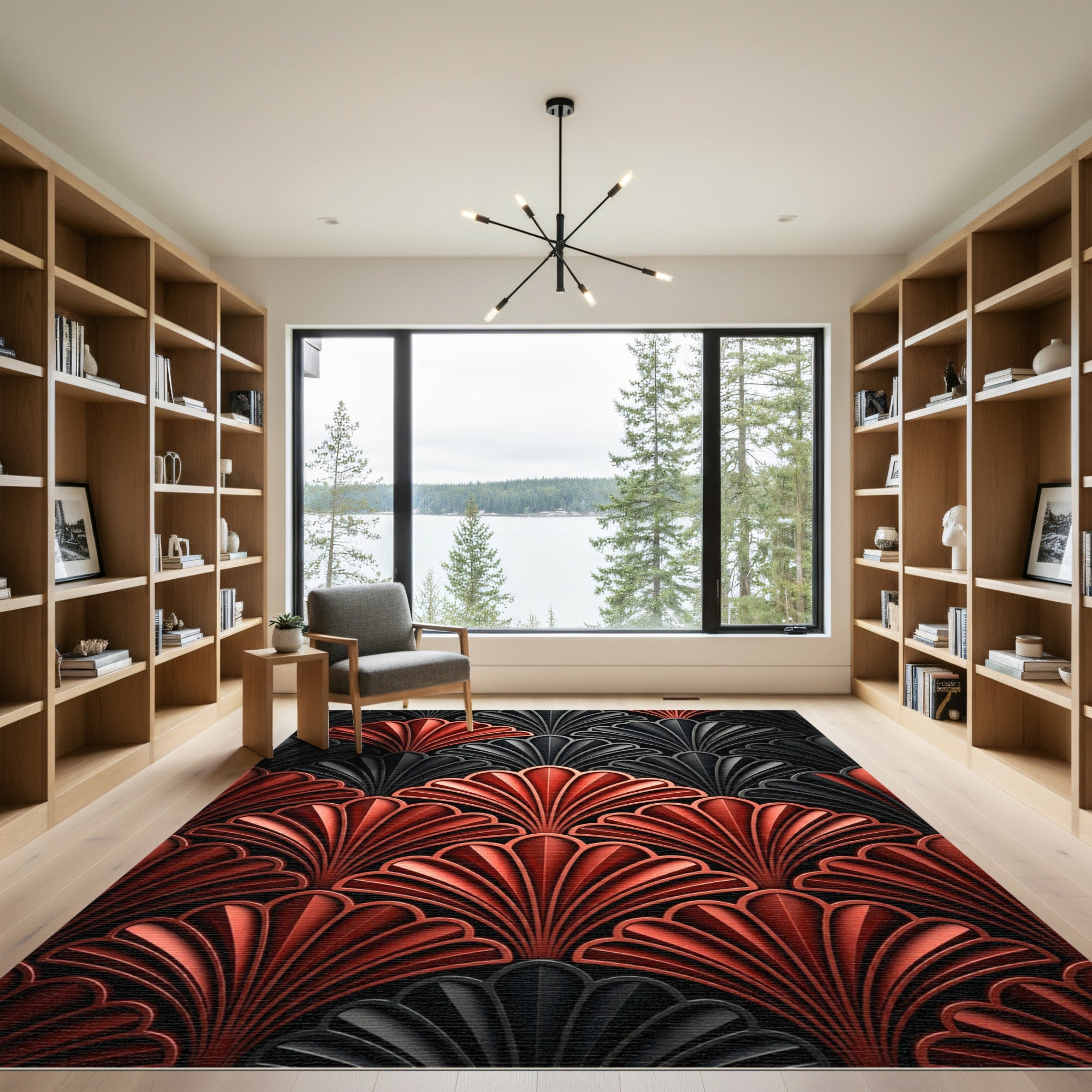 Art Deco Coral Black Fan Rug
