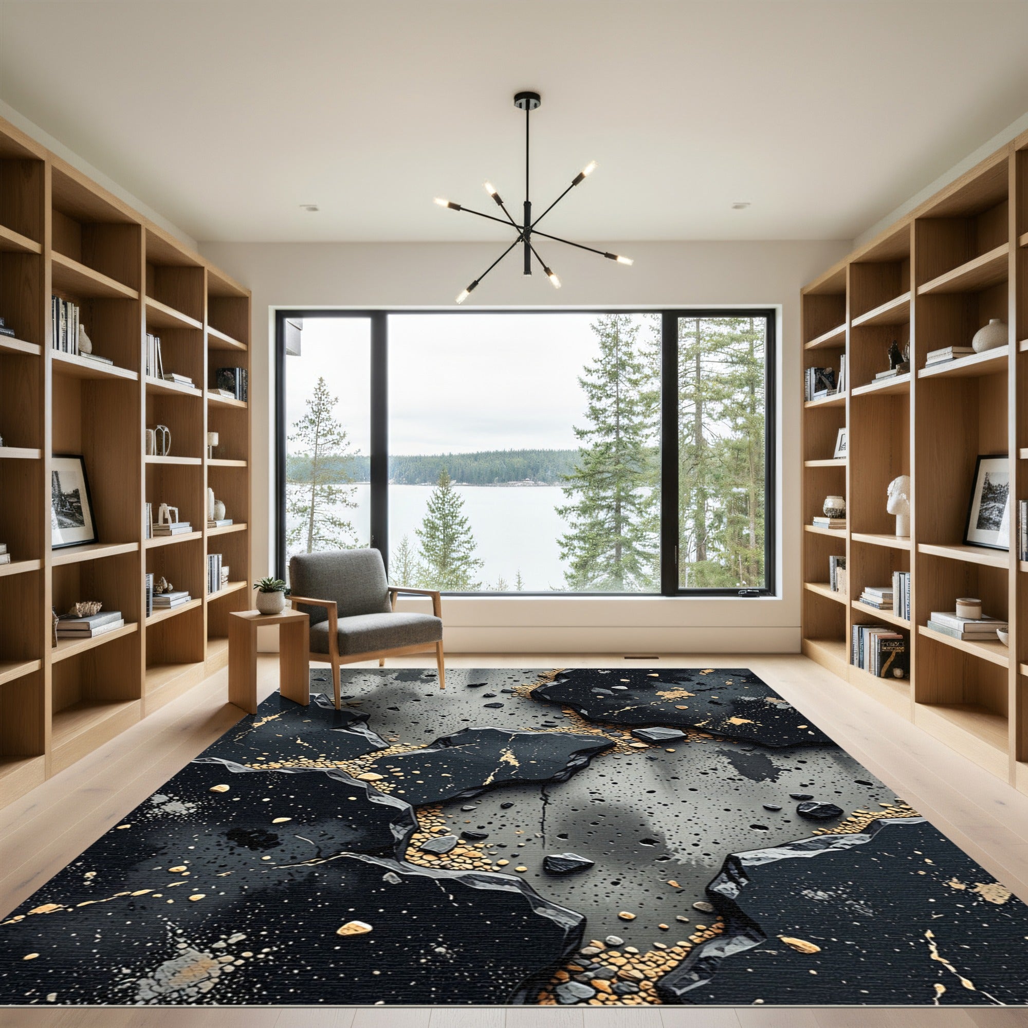Black Gold Stone Fragment Abstract Rug