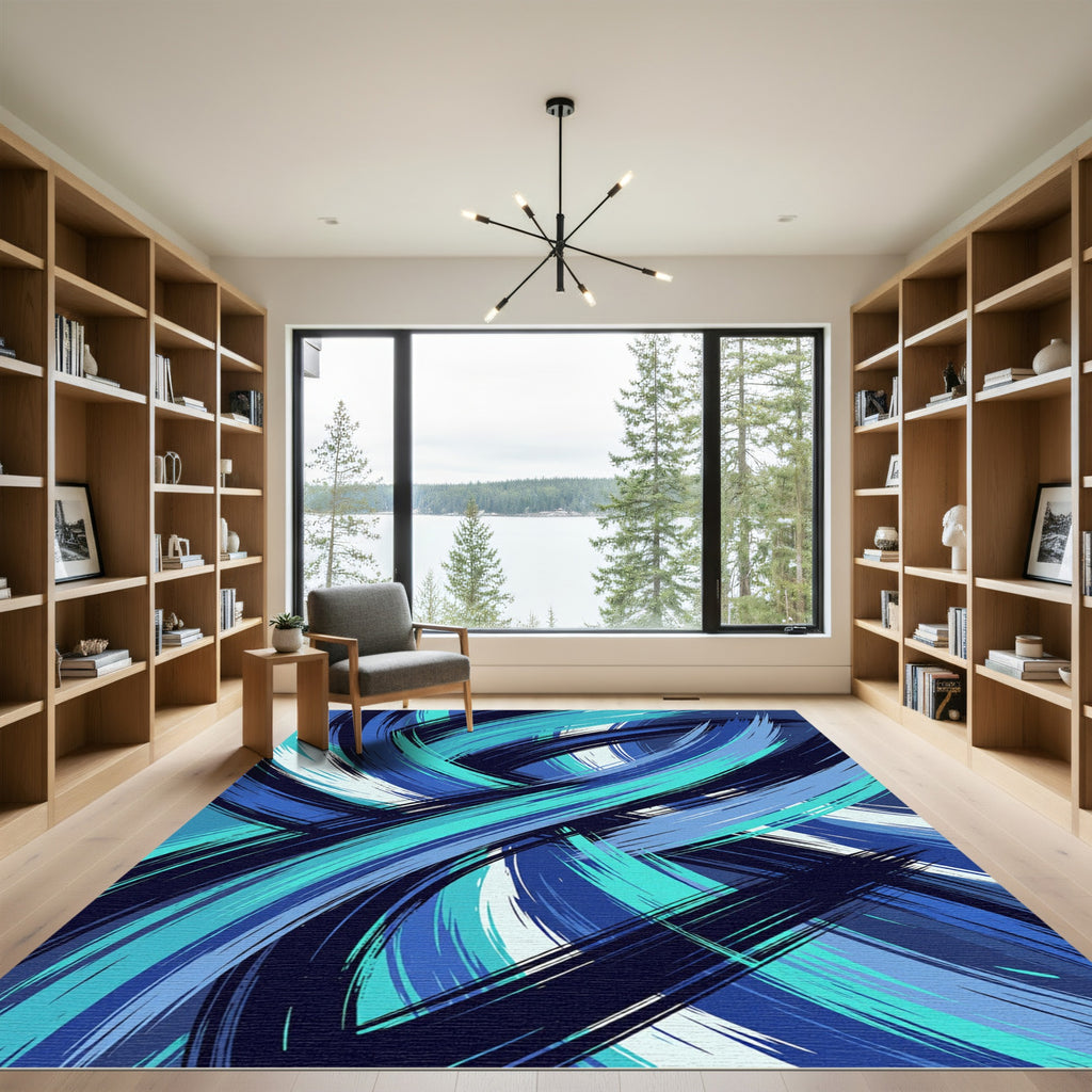 Modern Ethereal Blue Abstract Swirl Flow Rug