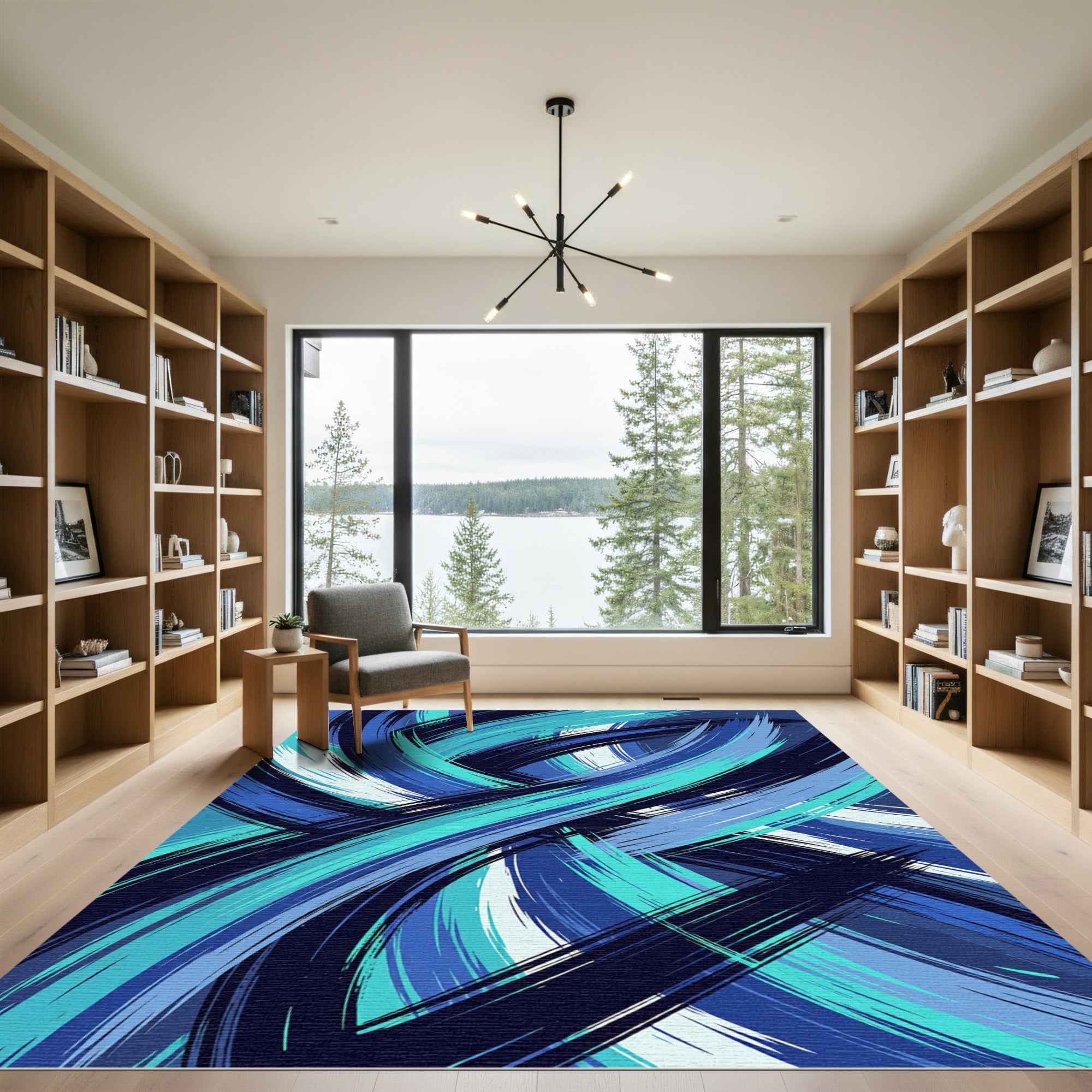 Modern Ethereal Blue Abstract Swirl Flow Rug
