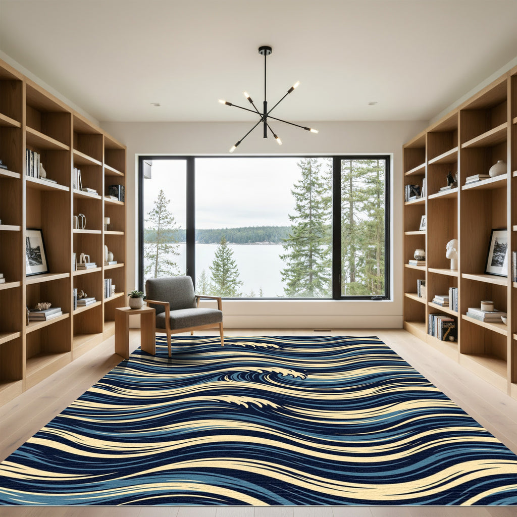 Deep Blue Beige Wave Flowing Rug