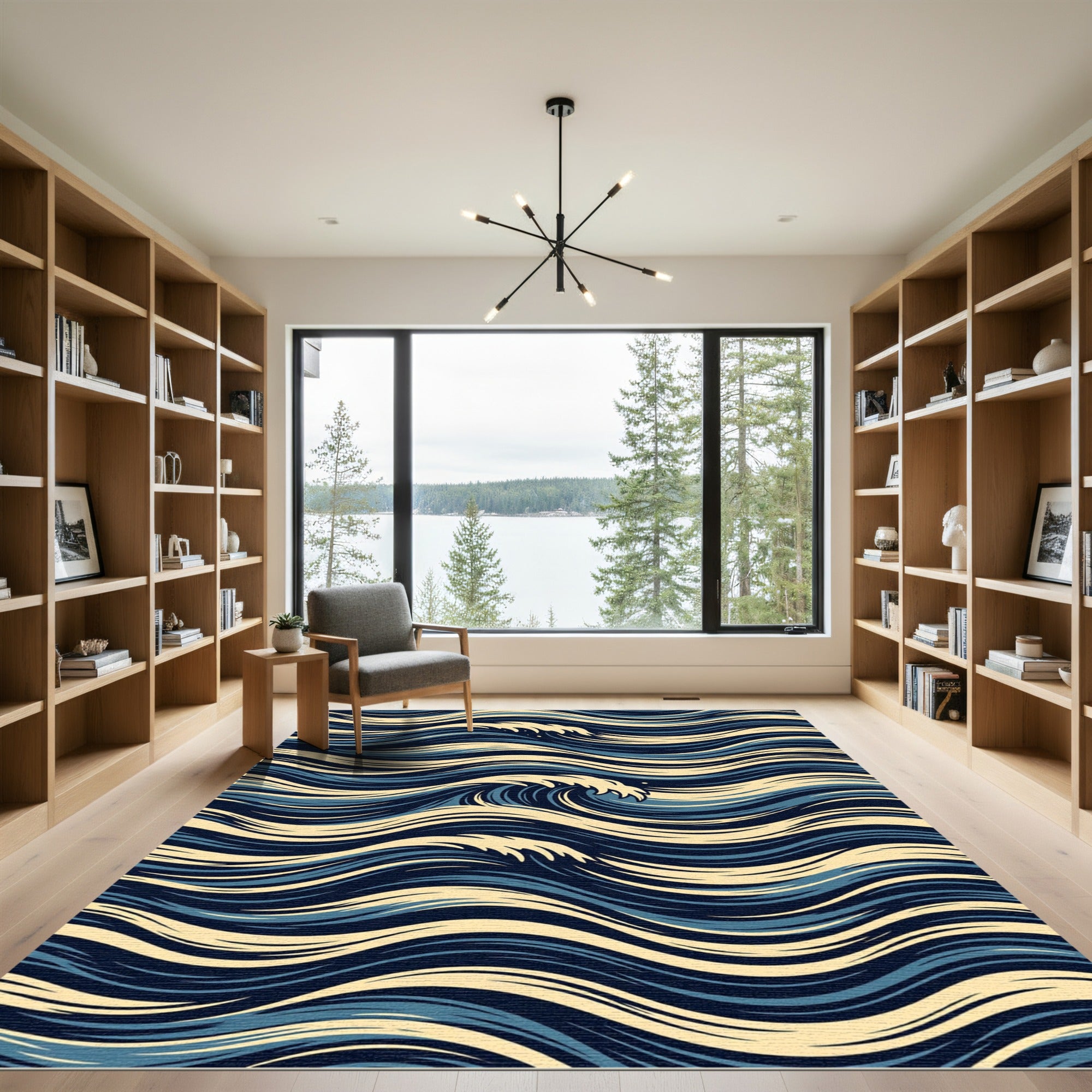Deep Blue Beige Wave Flowing Rug