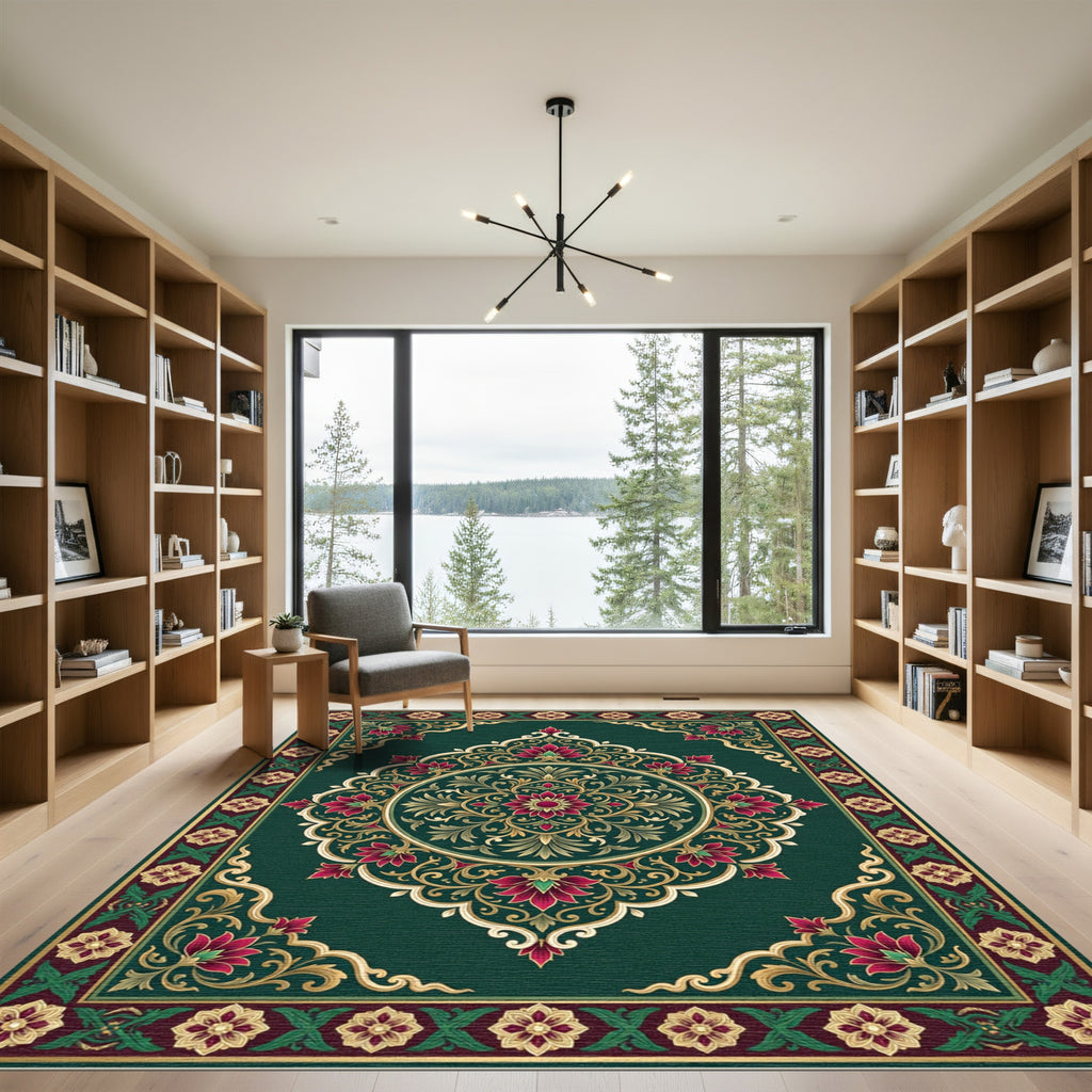 Emerald Deep Rose Ornate Floral Medallion Rug