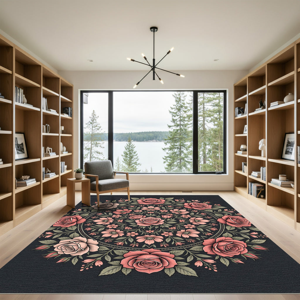 Elegant Pink Rose Floral Mandala Rug